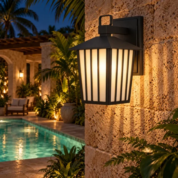 Black slatted wall lantern glowing on a coral-stone wall by a villa pool at night