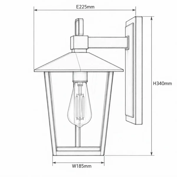 Outdoor wall lantern dimensions, W185 mm, H340 mm, projection 225 mm