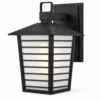 Black outdoor wall lantern with frosted glass and horizontal slats