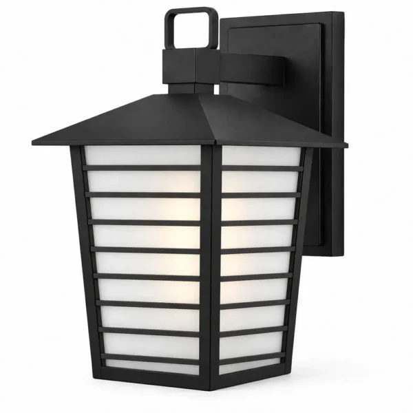 Black outdoor wall lantern with frosted glass and horizontal slats