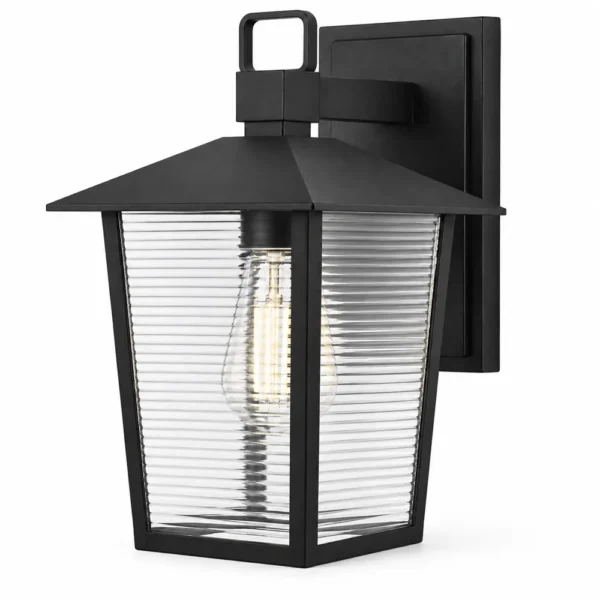 Black outdoor wall lantern with clear ribbed glass