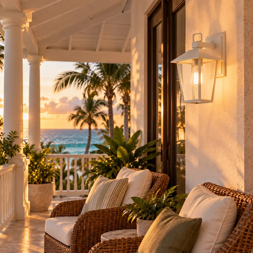 White outdoor wall lantern on a covered hotel veranda with sea view