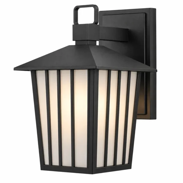 Black outdoor wall lantern with frosted glass and vertical slats