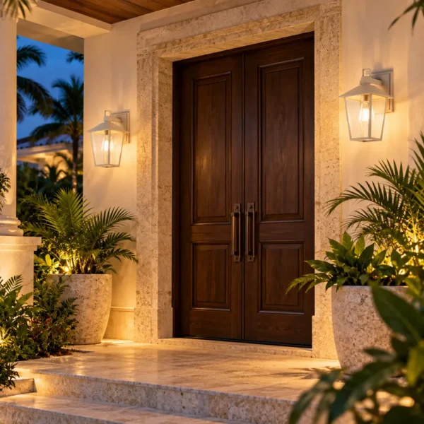 Pair of outdoor wall lanterns beside a villa front door at dusk
