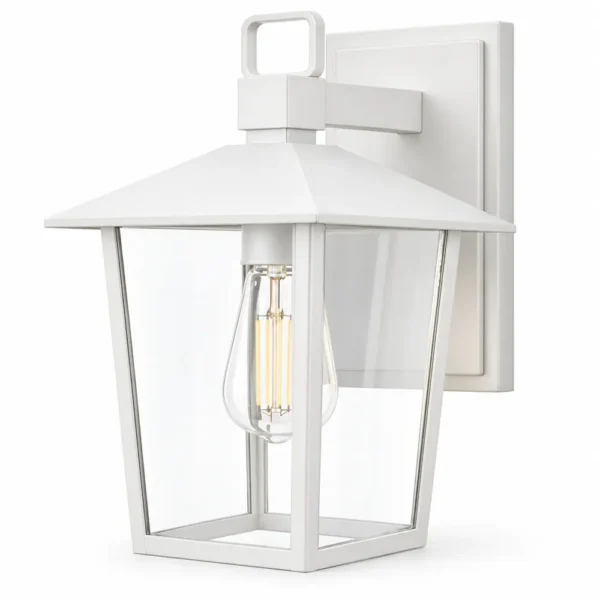 White stainless steel outdoor wall lantern with clear glass