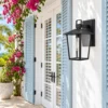 Black outdoor wall lantern beside blue-shuttered French doors on a white facade