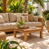 Teak side table in a hotel garden lounge
