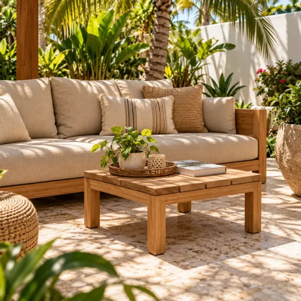 Teak side table in a hotel garden lounge