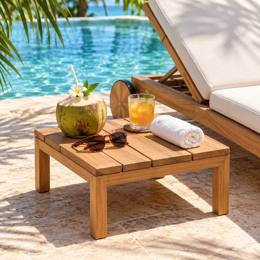 Teak side table with drinks beside a pool lounger