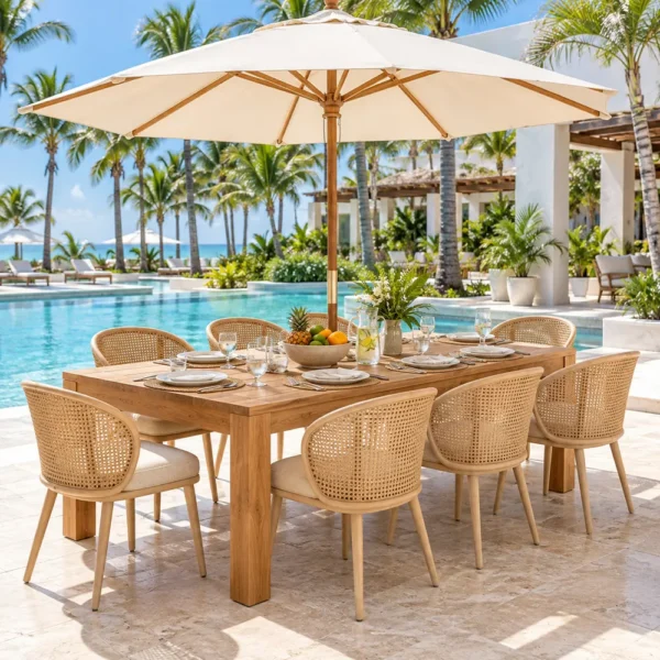 Teak dining table with cane chairs and umbrella by a hotel pool