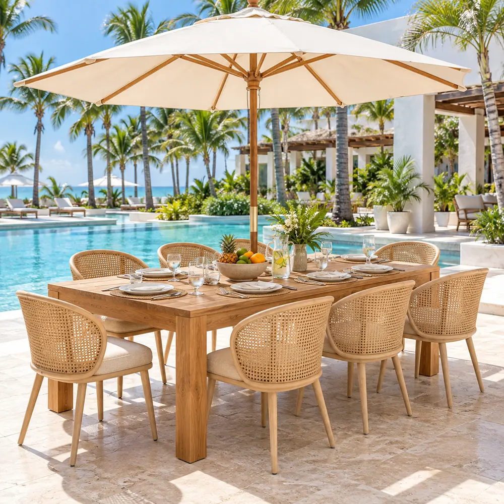 Teak dining table with cane chairs and umbrella by a hotel pool