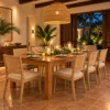 Teak dining table with cane back chairs in a villa dining room