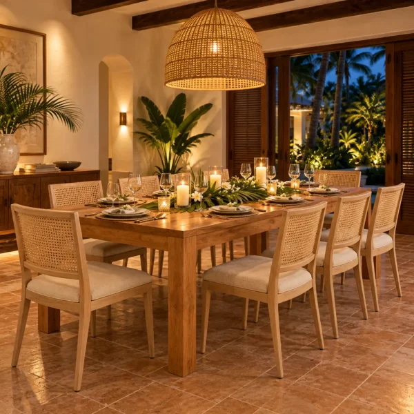 Teak dining table with cane back chairs in a villa dining room