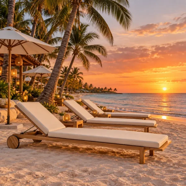 Teak sun loungers facing the sea at sunset