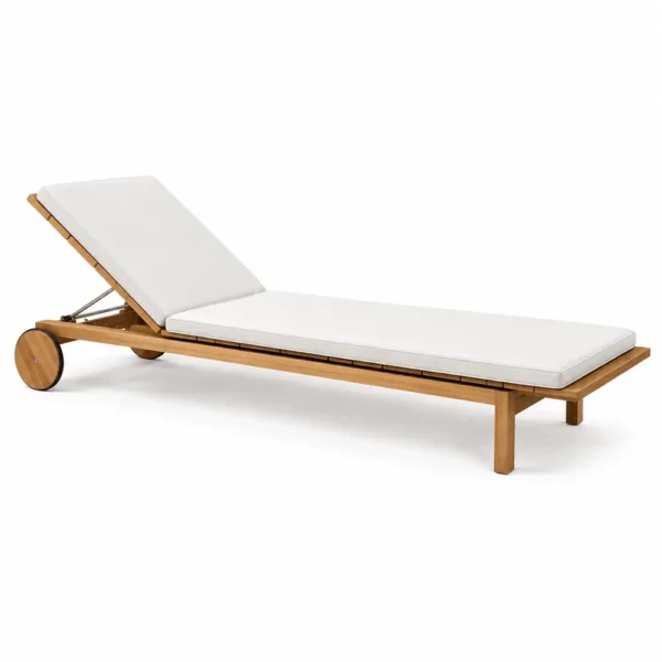 Teak sun lounger with white outdoor seat pad