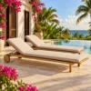 Pair of teak sun loungers by a villa private pool
