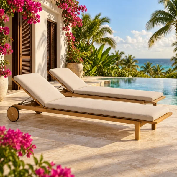 Pair of teak sun loungers by a villa private pool