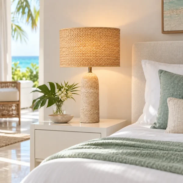 Small travertine table lamp on a white nightstand in a bright hotel room