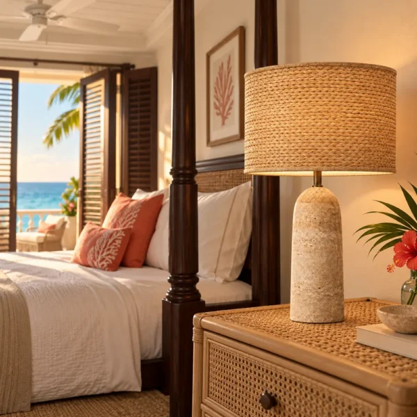 Large travertine table lamp beside a four-poster bed in a Caribbean suite