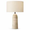 Natural travertine column table lamp, large, with white drum shade
