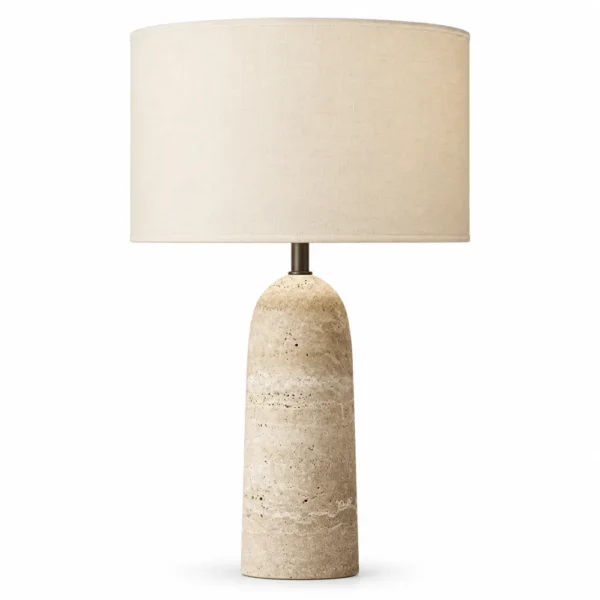 Natural travertine column table lamp, large, with white drum shade