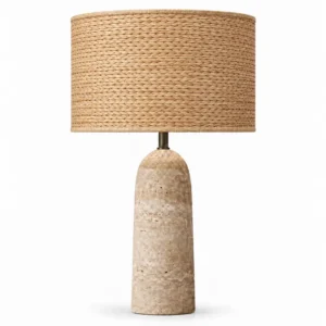 Travertine column table lamp with natural seagrass shade