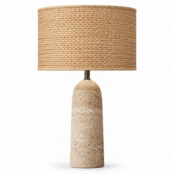 Travertine column table lamp with natural seagrass shade