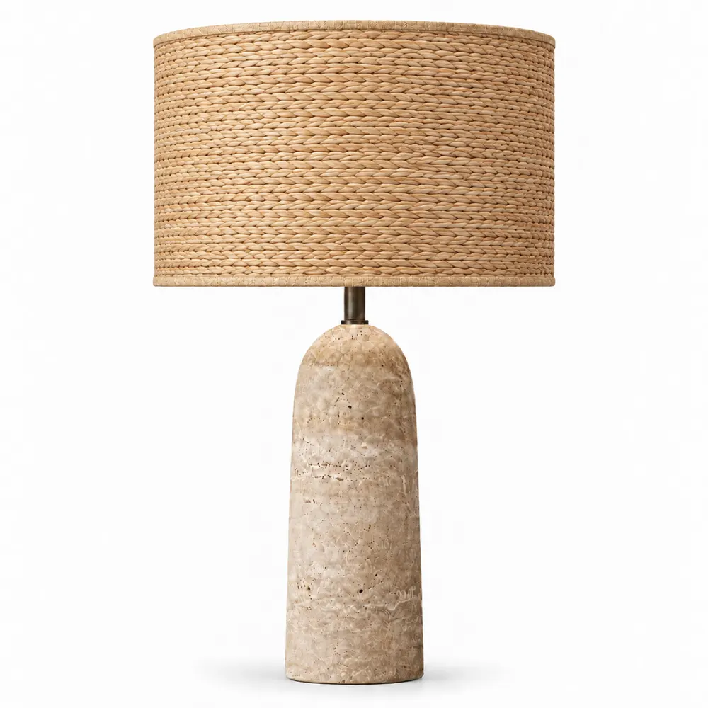 Travertine column table lamp with natural seagrass shade