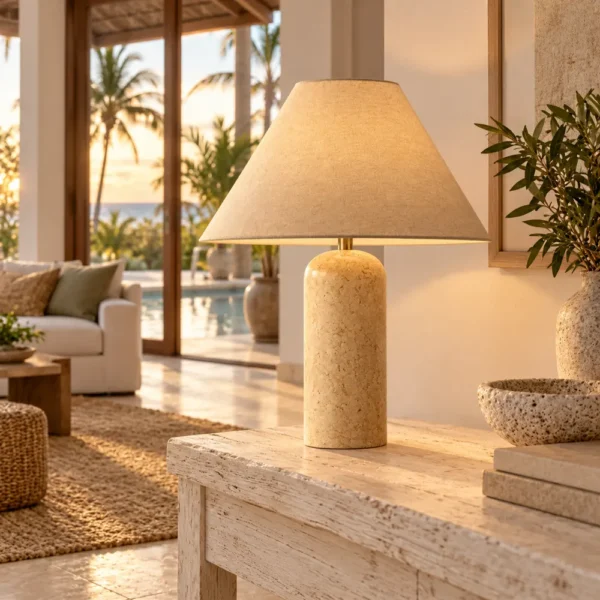 Travertine table lamp with cone shade on a console in a villa living room