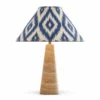 Travertine cone table lamp with blue and white ikat shade