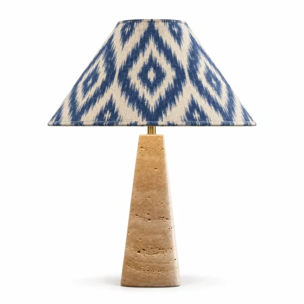 Travertine cone table lamp with blue and white ikat shade