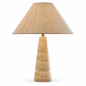 Travertine cone table lamp with natural linen shade
