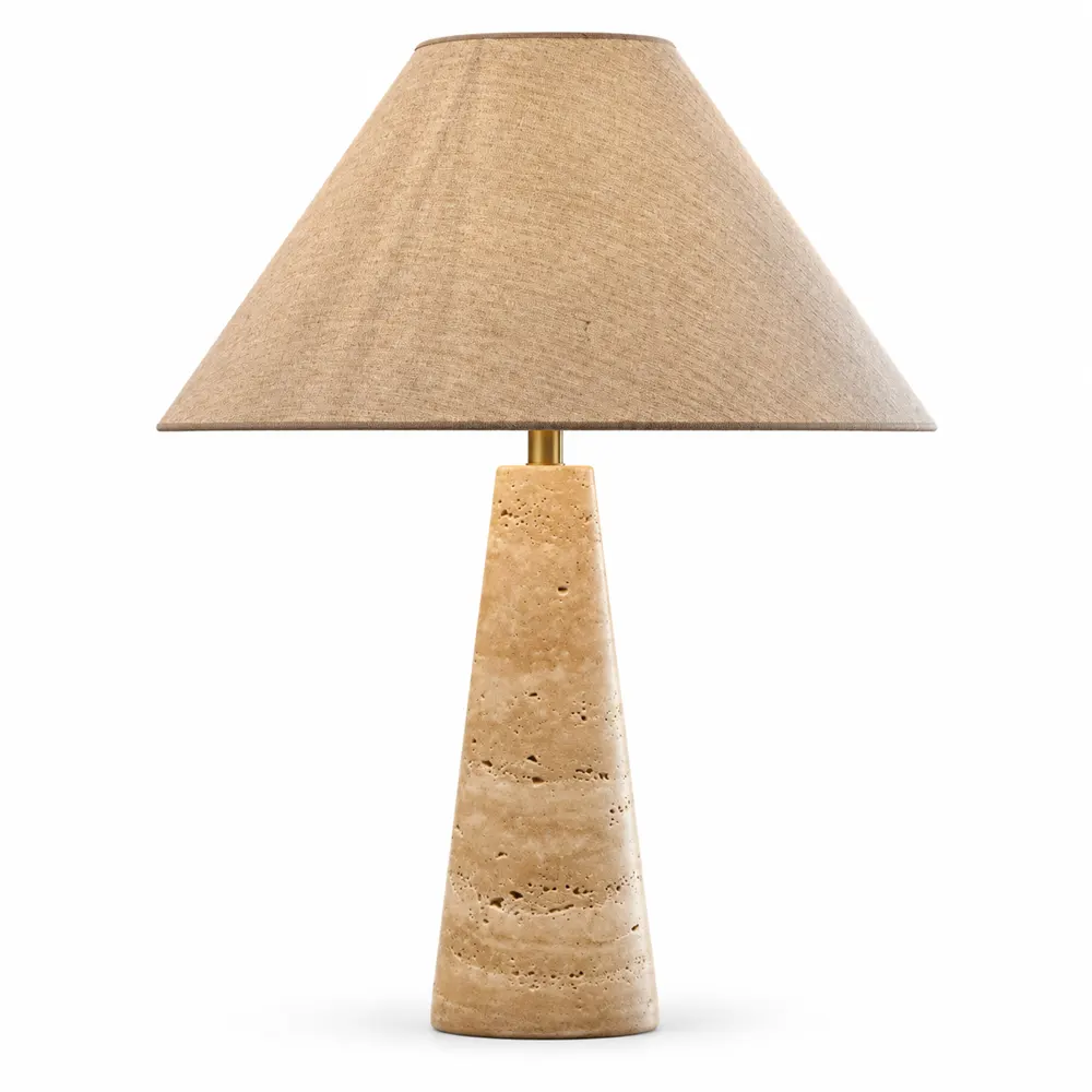 Travertine cone table lamp with natural linen shade