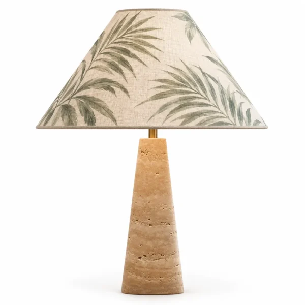 Travertine cone table lamp with tropical palm print shade