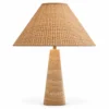 Travertine cone table lamp with natural rattan shade