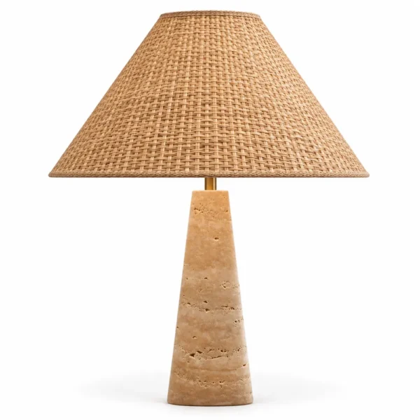 Travertine cone table lamp with natural rattan shade