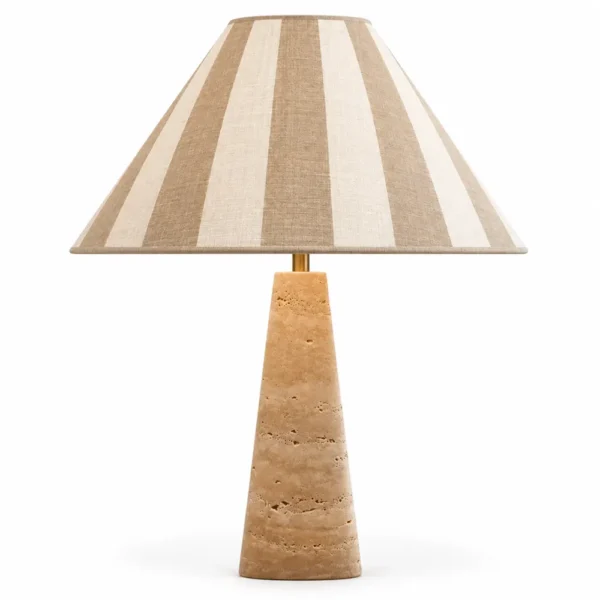 Travertine cone table lamp with sand and white stripe shade