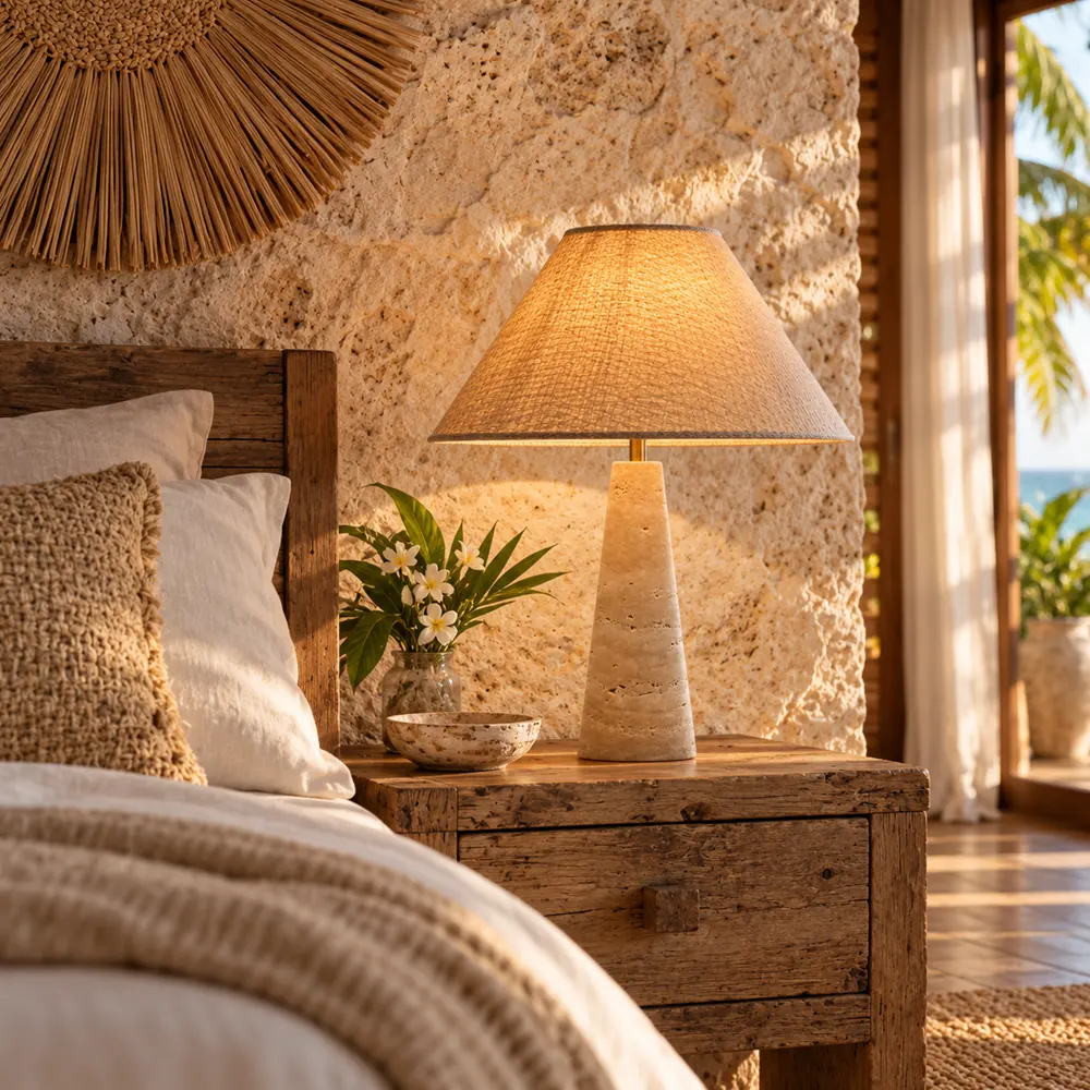 Travertine table lamp with linen shade on a timber nightstand in a boutique hotel room