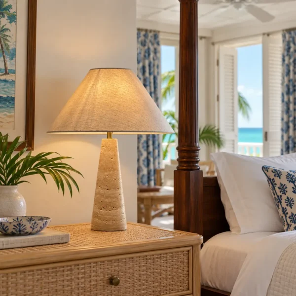 Travertine table lamp with ikat shade beside a four-poster bed in a Caribbean suite