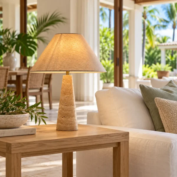 Travertine table lamp with palm print shade on a side table in a villa living room
