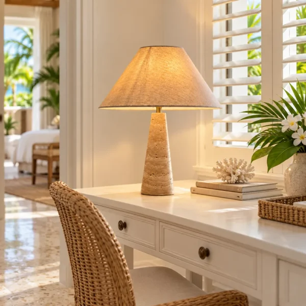 Travertine table lamp with stripe shade on a hotel suite writing desk