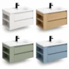 Wall-hung vanity in white, natural oak, sage green and coastal blue