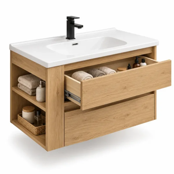 Wall-hung vanity with soft-close drawer open
