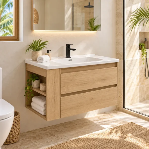 Natural oak wall-hung vanity in a hotel guest bathroom