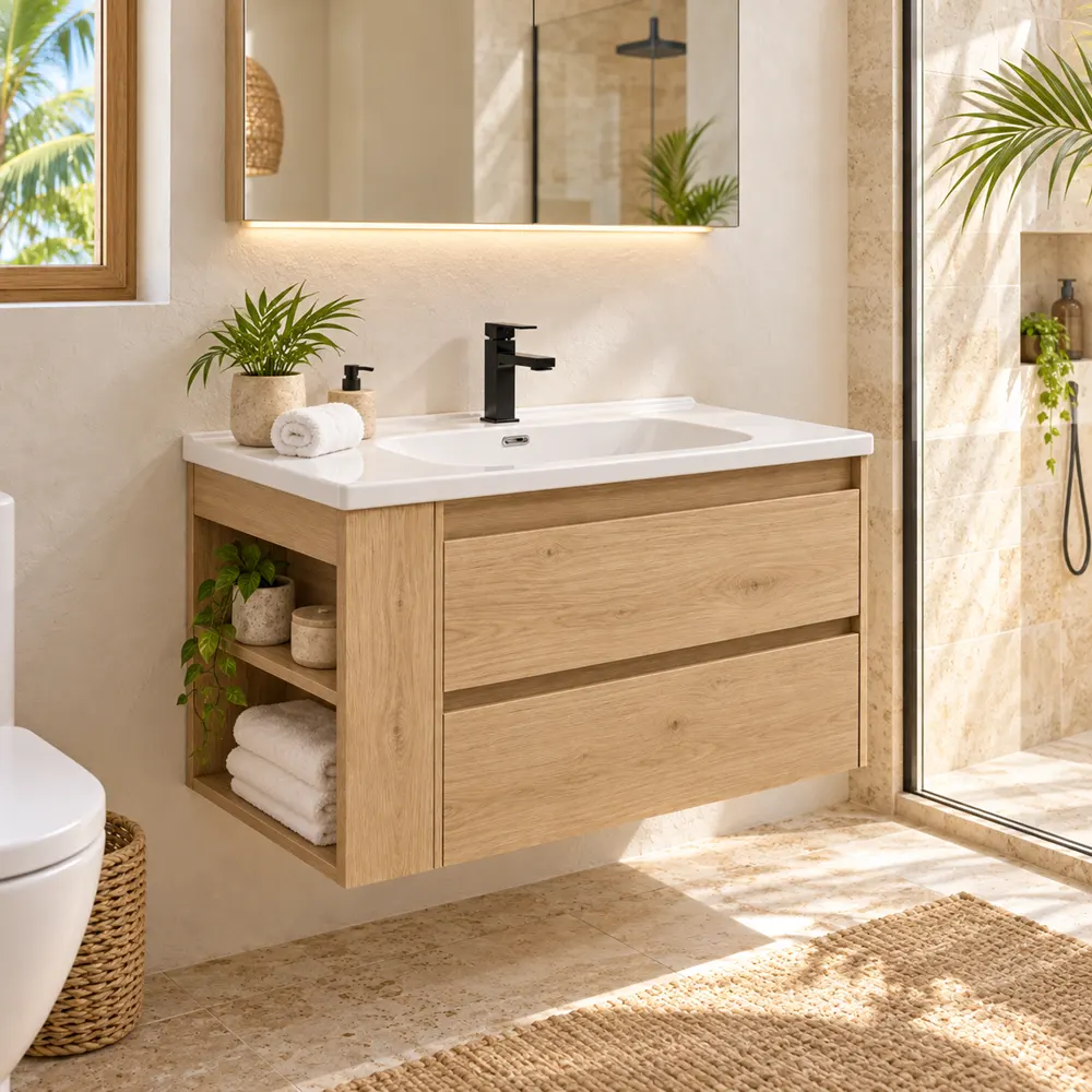 Natural oak wall-hung vanity in a hotel guest bathroom