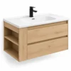 Wall-hung vanity in natural oak with white ceramic basin