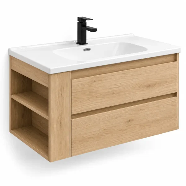 Wall-hung vanity in natural oak with white ceramic basin