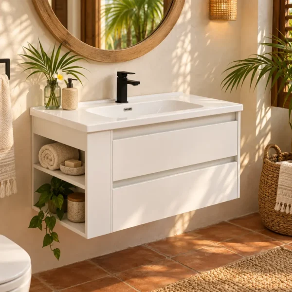 White wall-hung vanity in a villa guest bathroom