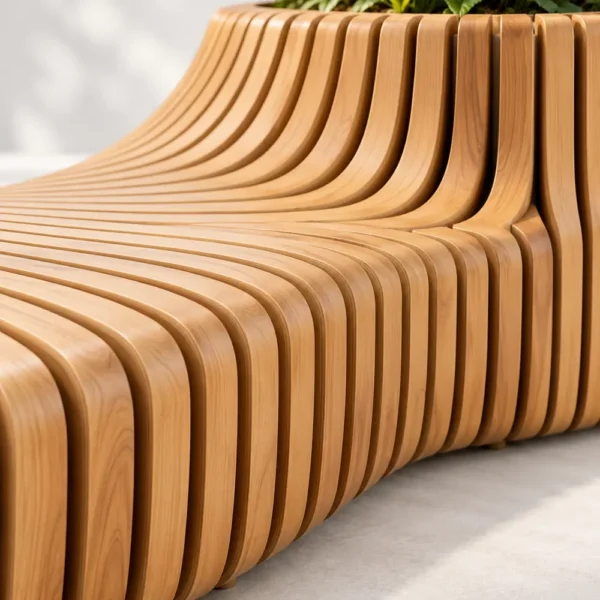 Close-up of layered plywood slices on wave bench
