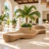Wave slice bench with palm planter in a hotel lobby